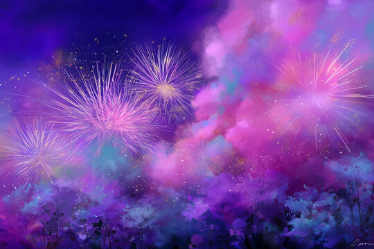 Vibrant Purple and Pink Fireworks Exploding Over a Mystical Forest Landscape at Night