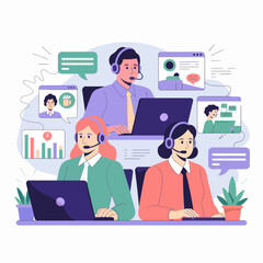 Illustration of three customer service representatives working with laptops and headsets on a call center