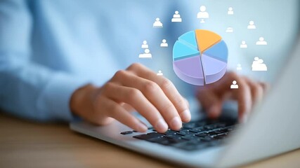 Close-up of hands typing on a laptop with dynamic demographic data visuals displayed. - Powered by Adobe