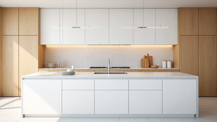 Clean and bright modern kitchen interior with an island, minimalist design, and natural light for elegant home spaces.
