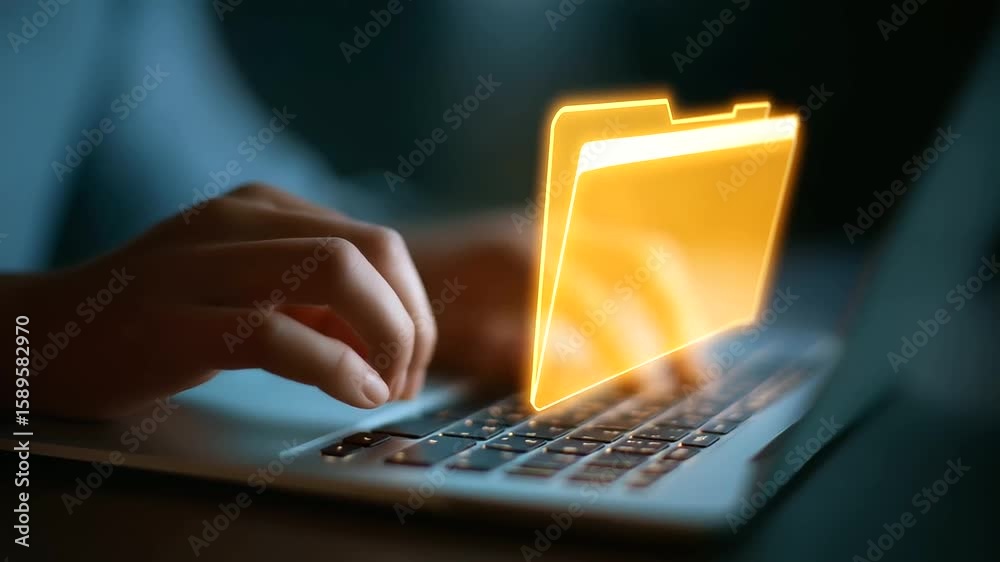 Poster a person types on a laptop as digital hierarchy ui elements hover above the screen.