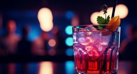 A vibrant cocktail with ice, garnish, and a straw, set in a dimly lit bar.
