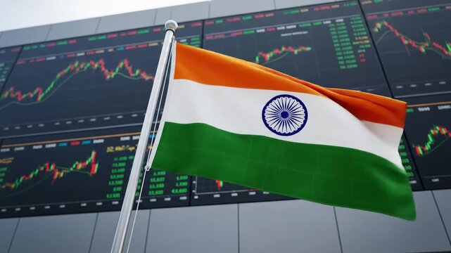 Indian financial market analysis with flag waving over stock exchange data screen display