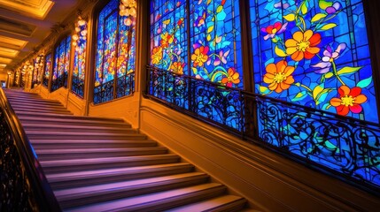 Colorful stained glass windows illuminate an elegant staircase in a grand interior setting