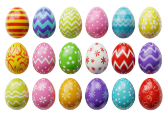 Twenty vibrant, colorful, 3D rendered, glossy easter eggs with intricate patterns in precise rows on a clean white background, ample copy space, bright studio lighting, slightly high angle shot,