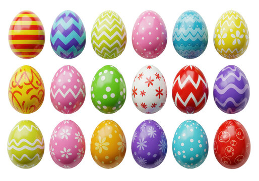 Twenty vibrant, colorful, 3D rendered, glossy easter eggs with intricate patterns in precise rows on a clean white background, ample copy space, bright studio lighting, slightly high angle shot,