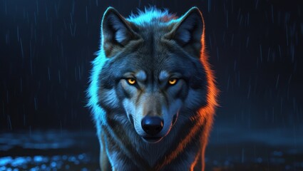 Wolf in vibrant night rain