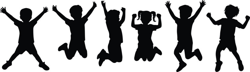Children jumping silhouettes with arms raised in celebration kids black set, bundle, vector, isolated on white background, cutout, png, clipping path, transparent, image, download, 2025,2026