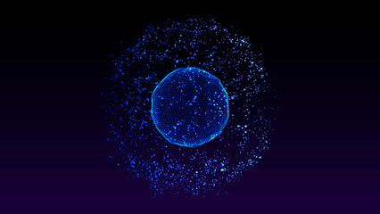 Blue glowing digital sphere made of floating particles in dark space. Futuristic abstract energy core with particle dispersion effect. Sci-fi tech visualization. Seamless loop animation