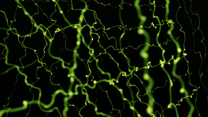 Glowing abstract green lines with dynamic wavy motion on dark background. Electric energy flow or neural connections in futuristic digital style. Sci-fi light network animation for tech visuals