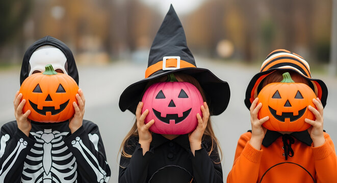 Three children in Halloween costumes holding carved pumpkins, celebrating the holiday.
