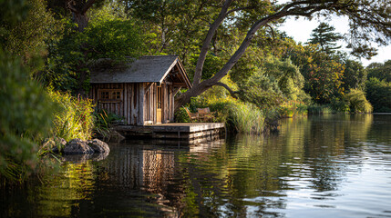 Idyllic wooden cabin on a tranquil lakeside deck, a serene retreat in a lush summer forest.