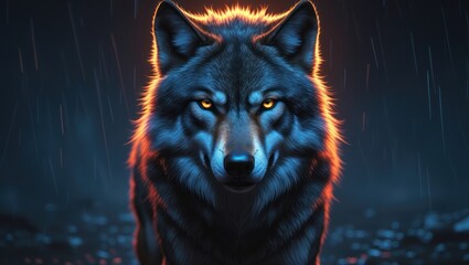Fierce wolf in fiery rain