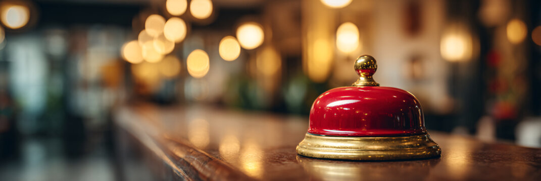 Red service bell on a wooden hotel reception desk for guest check-in with a warm, blurry background