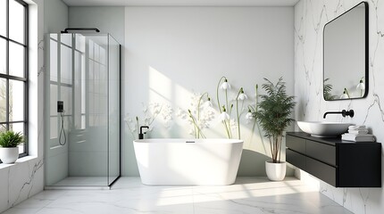 A modern bathroom with a freestanding bathtub and plants