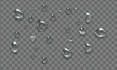 Vector water drop, drops, droplets. PNG drops, condensation on glass, on various surfaces. Realistic drops on a transparent background. Rain and dew.