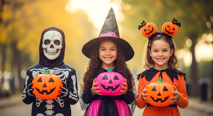 Three smiling children in Halloween costumes holding jack-o'-lantern buckets.