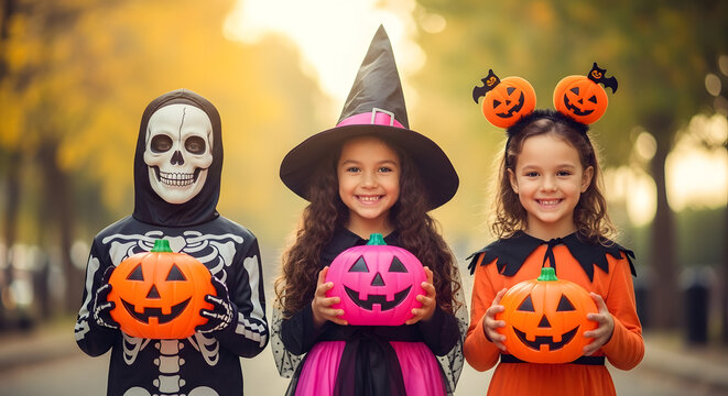 Three smiling children in Halloween costumes holding jack-o'-lantern buckets.