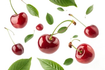 A scattered arrangement of cherries and leaves on white backdrop
