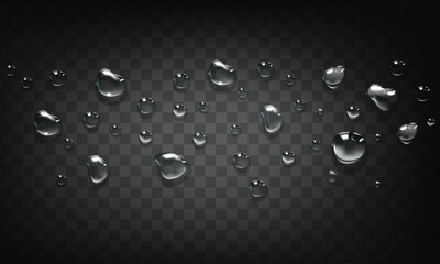 Vector water drop, drops, droplets. PNG drops, condensation on glass, on various surfaces. Realistic drops on a transparent background. Rain and dew.