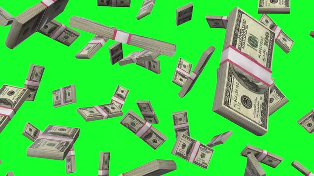 Falling bundles of hundred dollar bills isolated on green screen background, animation of cash stacks raining, financial success, wealth, prosperity, business investment, money rain, 3d rendering