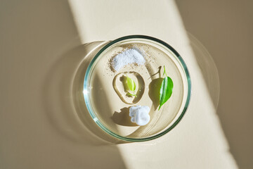 Various cosmetics in a petri dish on a beige background.