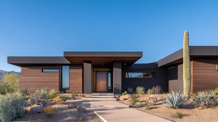 Fototapeta premium Modern desert home with sleek architecture, surrounded by cacti and desert landscape under clear blue sky