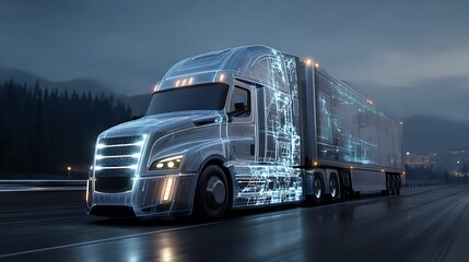 Futuristic truck with digital features on a highway. .