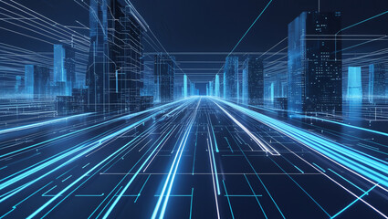 A futuristic cityscape with glowing blue lines connecting tall buildings, representing a digital or smart city concept.