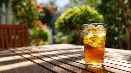 Refreshing Iced Tea in a Glass on a Wooden Table, Outdoor Sunlight, Summer Drink Concept