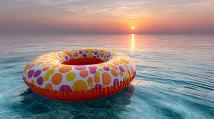 Colorful inflatable ring floating on a tranquil sea during a beautiful and serene golden sunset
