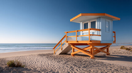 Peaceful morning view of a colorful lifeguard tower on a deserted sandy beach by the sea.
