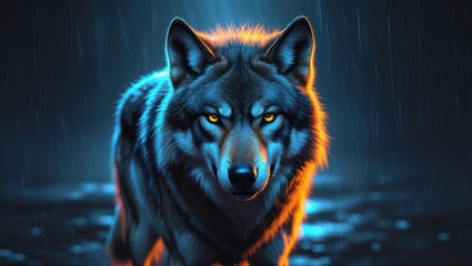 Fierce wolf in glowing rain
