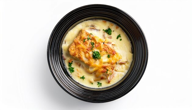 chicon au gratin in black bowl with creamy sauce and herbs on a white background