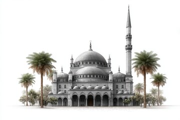 Fototapeta premium Grand mosque architecture displays Islamic artistry and intricate architectural details set against a bright, white background.