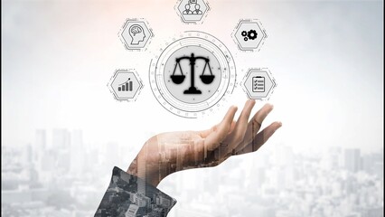 Futuristic digital law interface displaying justice scale, highlighting digital law, AI compliance,...