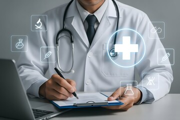 Doctor using technology for medical diagnosis and patient care