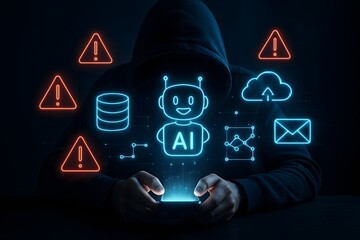 Hacker controlling ai with glowing digital icons on a dark background