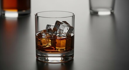 Whiskey on the rocks in a rocks glass, subtly lit, with blurred background glasses.