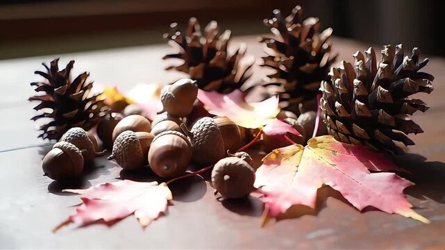Autumn arrangement with pine cones, acorns and colorful leaves