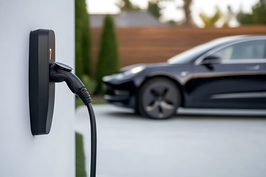 Electric vehicle charging at home. Sustainable transport solution with modern car & charging point. Eco-friendly lifestyle.