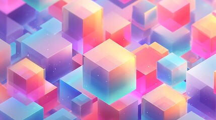 Abstract background with a pattern of colorful isometric pastel translucent cubes.