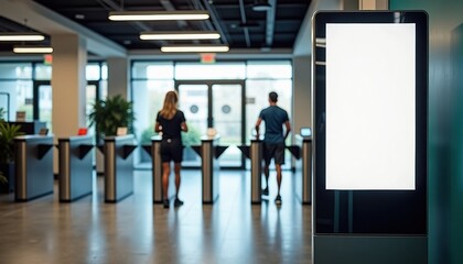 Two people entering modern office building with turnstiles and greenery  
