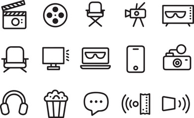 Collection of cinema and entertainment icons in a simple line art style