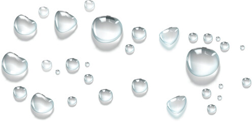 Vector water drop, drops, droplets. PNG drops, condensation on glass, on various surfaces. Realistic drops on a transparent background. Rain and dew.
