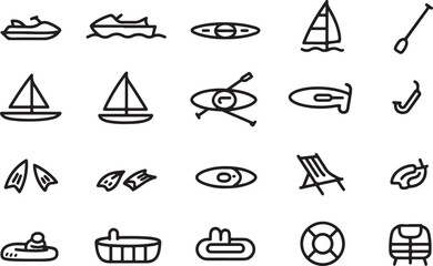 Fototapeta premium Collection of water sports and beach icons on a white background