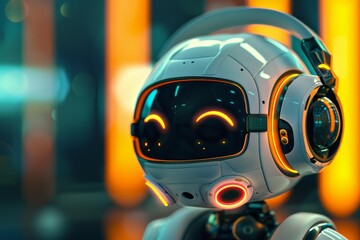 Fototapeta premium Friendly white robot enjoying music using headphones, illuminated by neon lights in a vibrant futuristic cityscape