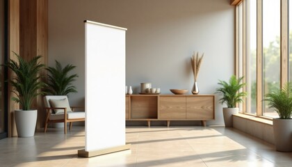 Modern interior with blank roll-up display near wooden furniture  