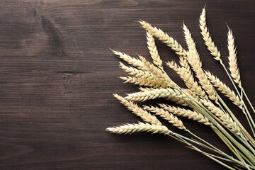 Many wheat spikes on wooden table, flat lay. Space for text