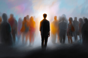 Fototapeta premium Abstract digital painting of a solitary figure standing amid a blurred crowd, symbolizing isolation and individuality in a vibrant atmosphere